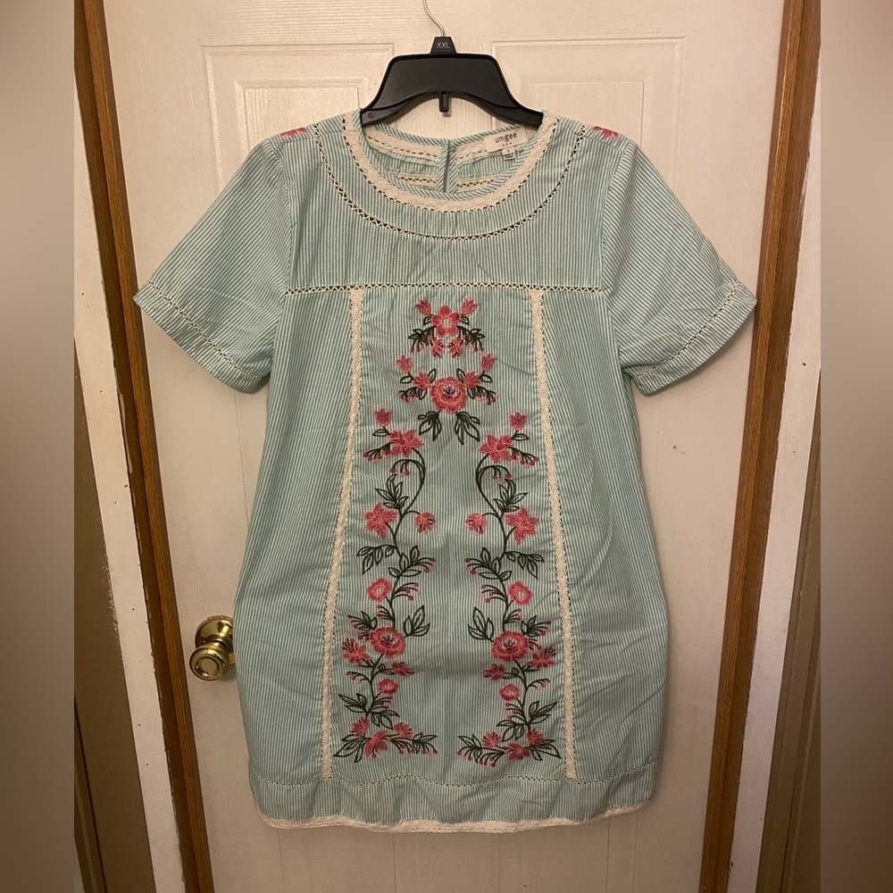 Umgee Mint Striped Dress with Pink Floral Embroidery